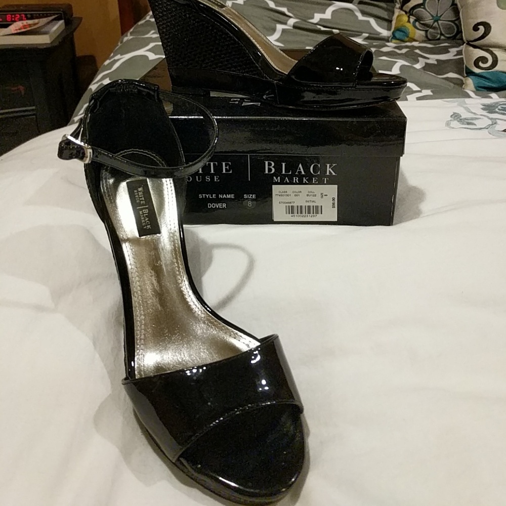 WHBM black patent wedges